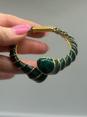 Vintage Kenneth Jay Lane Gold-Tone & Green Enamel Hinged Bangle Bracelet
